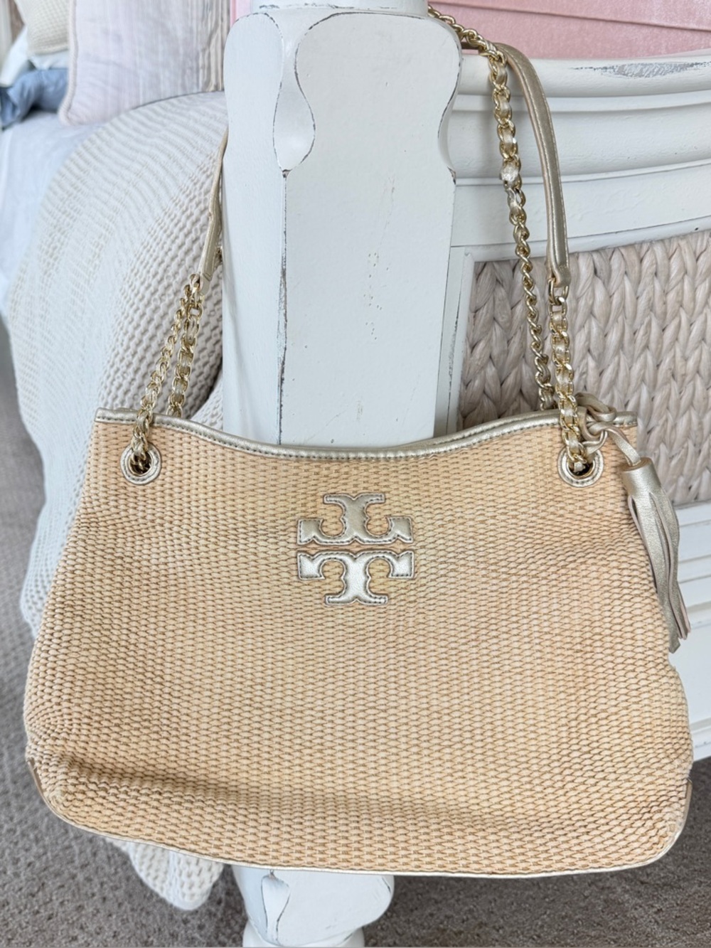 Tory Burch Beige Woven Shoulder Bag with Gold Chain Straps